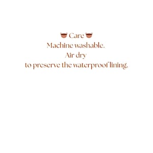 Laundry care instructions for handmade upcycled Carhartt pants water bottle bags — machine wash and air dry, shown with basket icons and clean minimalist design.