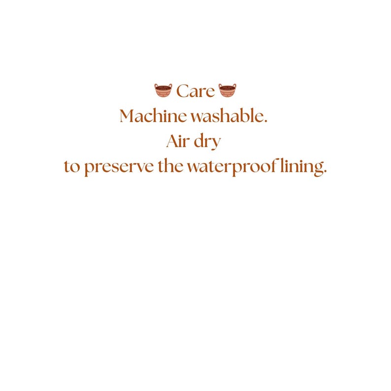 Laundry care instructions for handmade upcycled Carhartt pants water bottle bags — machine wash and air dry, shown with basket icons and clean minimalist design.