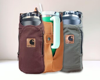 Bolso bandolera impermeable de lona Carhartt reciclado, bolso portavasos rediseñado, bolsa para botella de agua, bandolera con correa, portavasos ecológico