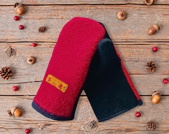 Women’s Red Wool Mittens | Handmade Teen Ages 15+ Mitten | Double Layered Cozy Winter Gloves | Warm Polar Lined Mitts | Cold Weather Gift