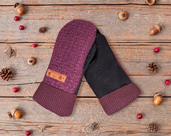 Women’s Wool Mittens | Ages 15+ Purple Mitten | Double Layered Cozy Winter Gloves | Warm & Soft Polar Fleece Lined Mitts | Cold Weather Gift