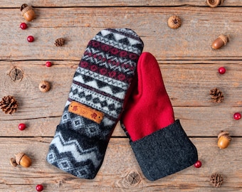 Kids Wool Mittens 8-10 | Scandinavian Red | Double Layered Cozy Winter Gloves | Kid Fleece Lined Mitten | Warm Lining Mitts | Gift for Child