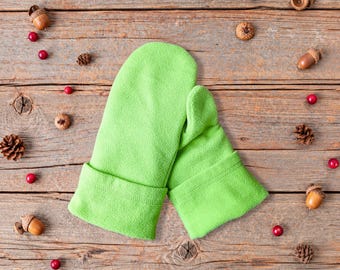 Fleece Mittens 11-14 | Teen, Small Woman | Green Handmade Mitts | Double Layered Cozy Winter Kids Gloves | Warm Lined | Outdoor Cold Weather