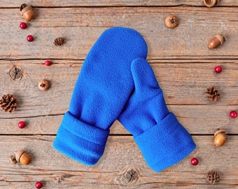 Blue Fleece Mittens 11-14 | Teen & Small Woman | Fluffy Handmade Mitts | Layered Cozy Winter Gloves | Warm Lined Outdoor Play Gear