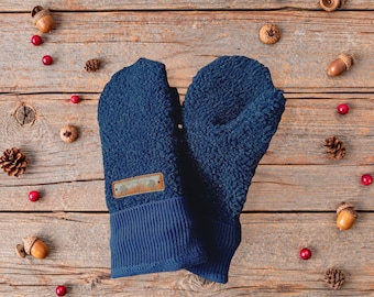 Kids Fleece Mittens 3-7 | Blue No Wool | Double Layered Winter Gloves | Lined Kid Mitten Warm Lining Mitts | Gift for Child | Outdoor Play
