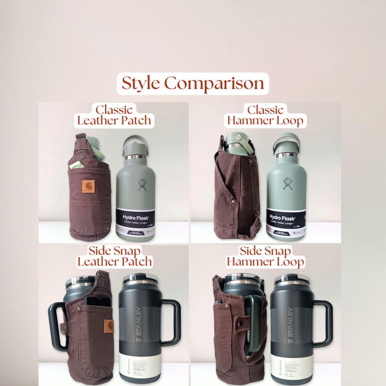 Style comparison grid showing multiple configurations of the canvas bottle holder with different bottle types and features, including leather patch, hammer loop, and side snap options.