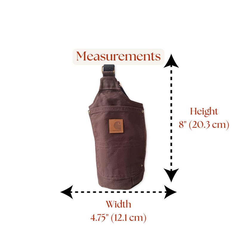 Flat layout photo of a Carhartt chocolate brown crossbody bag with measurement dashes to display scale. Made from 12 oz Carhartt duck canvas with waterproof lining and adjustable strap. Humbly and Kindly Made – Thoughtfully sewn in Northern NY.
