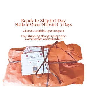 Gift wrapped package with tag and twine. Text reads: Ready to Ship in 1 Day. Made to Order Ships in 3-5 Days. Gift note available upon request. Shipping charges may vary; overcharges are refunded.