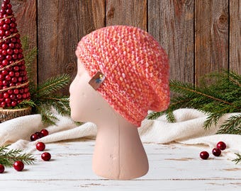 Adult Wool Winter Hat | 15+ Teen Textured Pink Hand Knit Cap | Stretchy Women Winter Beanie | Cold Weather Outdoor Gear | Holiday Gift