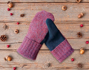 Kids Mittens 8-10 | Shetland Wool | Red Black | Double Layered Cozy Winter Gloves | Fleece Lined Kid Mitten | Warm Lining Child Mitts