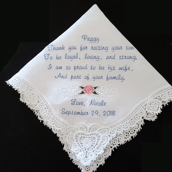 Personalized Mother of the Groom Embroidered Sentiment Handkerchief