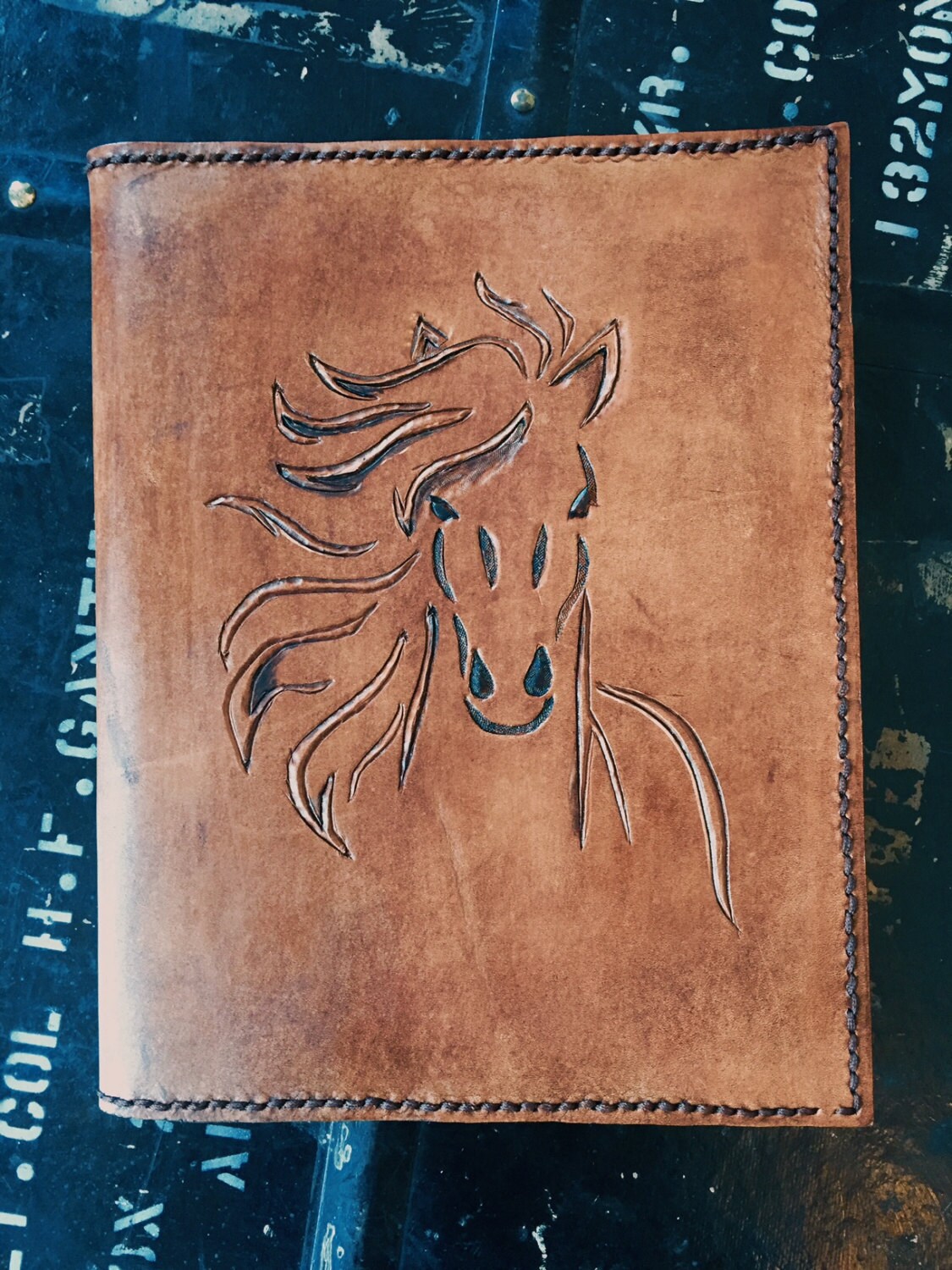 Leather Hand Carved Horse Journal Book Cover Etsy