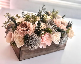 Wood Flower Centerpiece “Pink Farmhouse”, sola wood flowers, wedding bouquet, flowers, Blue flower arrangement, wood flower arrangement,