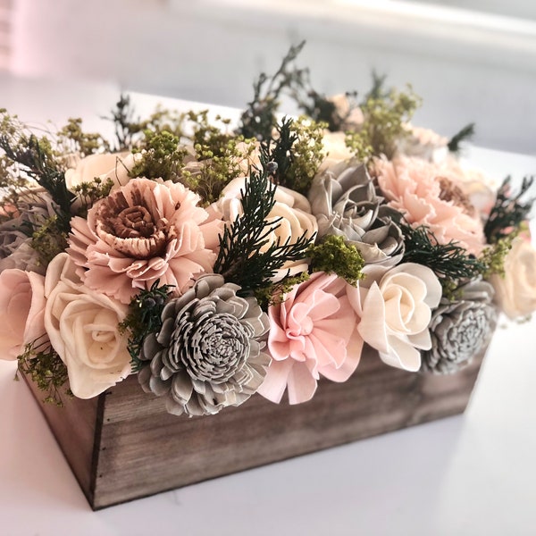 Wood Flower Centerpiece “Pink Farmhouse”, sola wood flowers, wedding bouquet, flowers, Blue flower arrangement, wood flower arrangement,