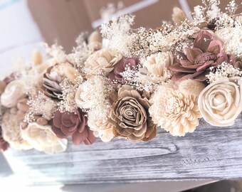 Wood Flower Centerpiece "Softly", Flower bouquet, Peach Flower arrangement,  Farmhouse Decor, Magnolia Decor, Fake Flowers, mint,