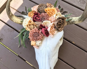 Real Steer Skull With Wood Flowers / Real Longhorn Cow Head skull /  real bull head with flowers / sola wood flowers / real western wall art