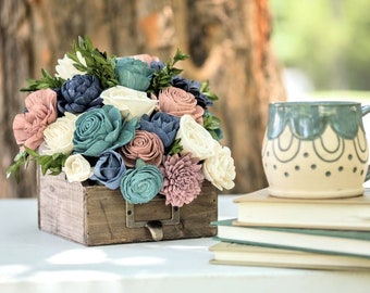 Wood Flower Centerpiece "Librarian", sola wood flowers, wedding bouquet, fake flowers, Blue flower arrangement, wood flower arrangement,