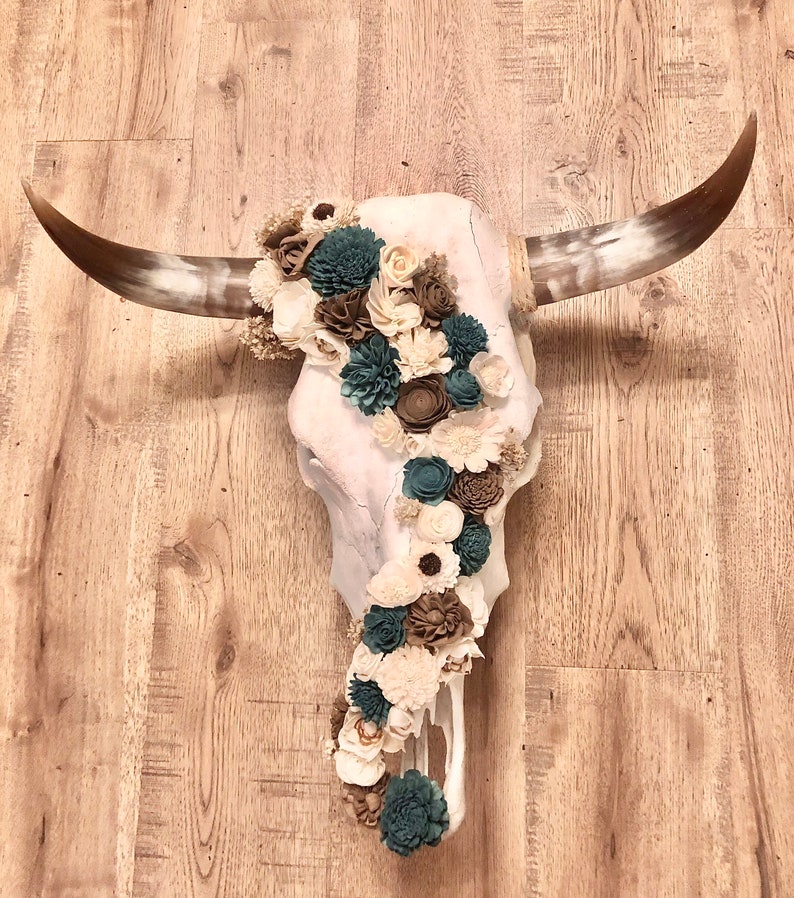 Real Cow Skull With Wood Flowers / real Steer skull longhorn / real bull head with flowers / sola wood flowers / real western wall art image 1