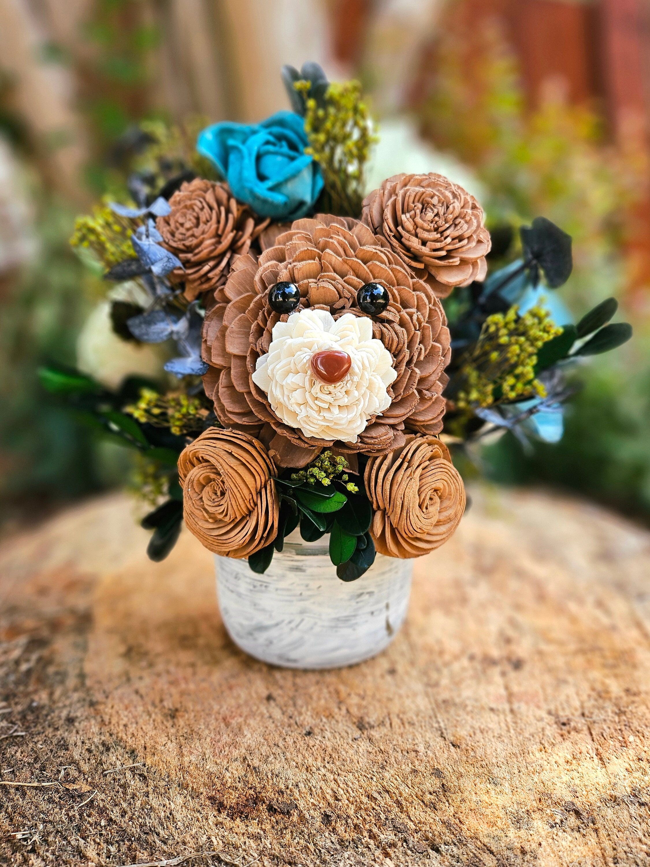 Wood Flower Bear "Petal Pets", Sola wood flowers, wood floral arrangement, Wood flower dog , wood flower animal, child's gift