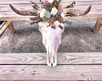 Real Steer Skull With Wood Flowers / Real Longhorn Cow Head skull /  real bull head with flowers / sola wood flowers / real western wall art