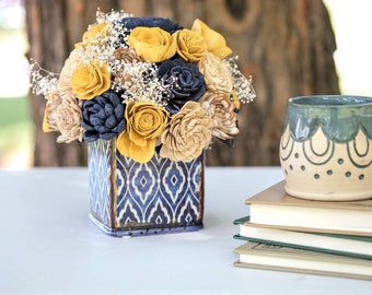 Wood Flower Centerpiece, sola wood flowers, ceramic Moroccan planter, fake flowers, Blue flower arrangement, wood flower arrangement,