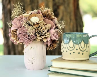 Wood Flower Centerpiece “Rosey Wood”, Sola wood flowers, wood flower decor, mason jar, floral wedding, fake flowers, silk flower centerpiece