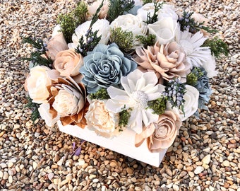 Wood Flower Centerpiece “Modern Farmhouse”, sola wood flowers, wedding bouquet, flowers, Blue flower arrangement, wood flower arrangement,