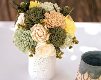 Wood Flower Arrangement "Sunshine Garden " , Sola wood flowers, wood flower decor, mason jar, floral wedding, fake flowers, silk floral