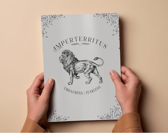May include: A light gray print featuring a detailed black and white illustration of a lion. The print includes the words "IMPERTERRITUS" and "UNDAUNTED + FEARLESS" with floral corner accents.