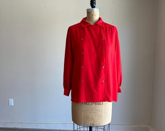 Vintage 1970’s 70’s Courreges Paris Cherry Red Long Sleeve Double breasted blouse