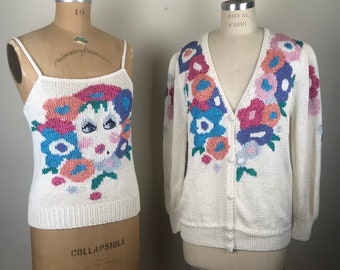 Vintage 1980s 80s Nannell Hand knit cardigan and camisole