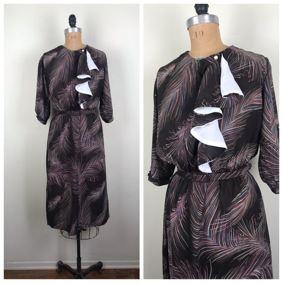 Vintage 1970s 70s Feather print dress - image 1