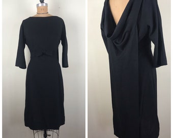 Vintage 1950s 50s Jerry Gilden Spectator wool jersey dress with floating back panel