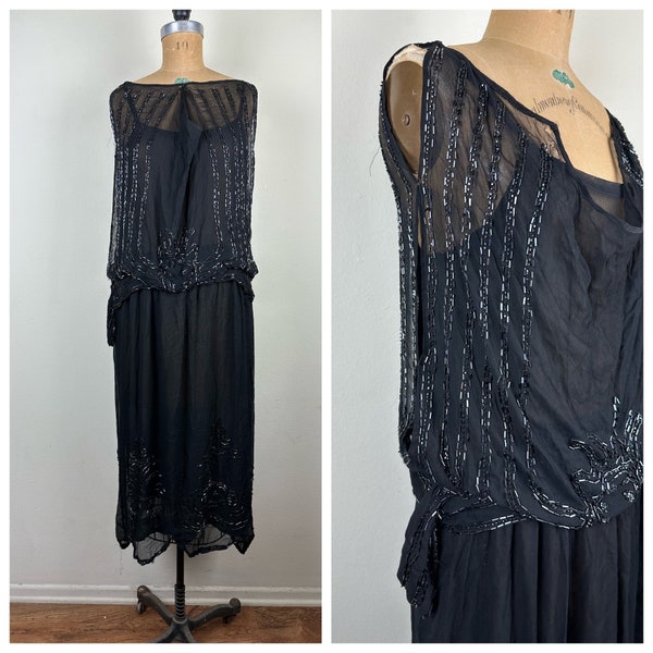 Vintage 1920s Black Silk Chiffon Applique Dress