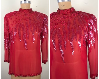 Vintage 1980s 80s Sheer Red Silk and Sequin top by Zimble
