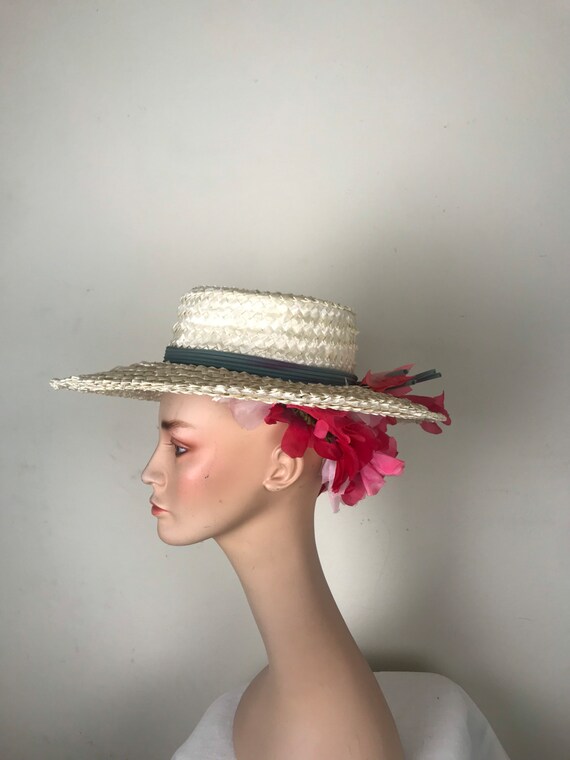 Vintage 1960s 60s Wide Brimmed White Raffia sun h… - image 5