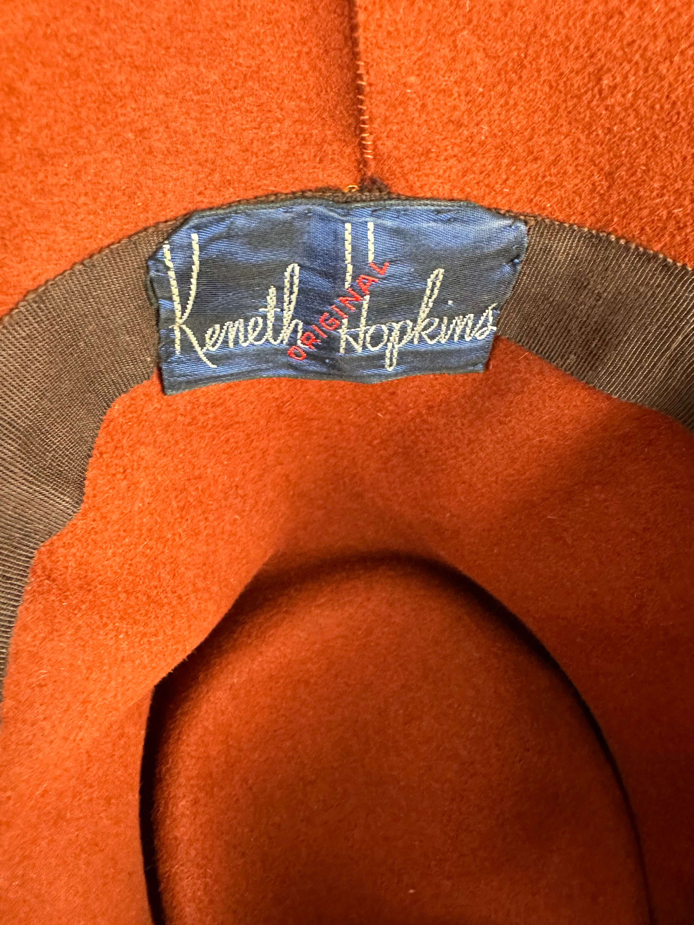 Vintage 1940s 40s Keneth Hopkins Wool Felt Hat With Ribbon 