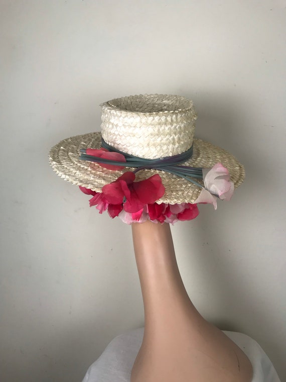 Vintage 1960s 60s Wide Brimmed White Raffia sun h… - image 3