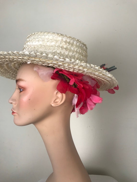 Vintage 1960s 60s Wide Brimmed White Raffia sun h… - image 2