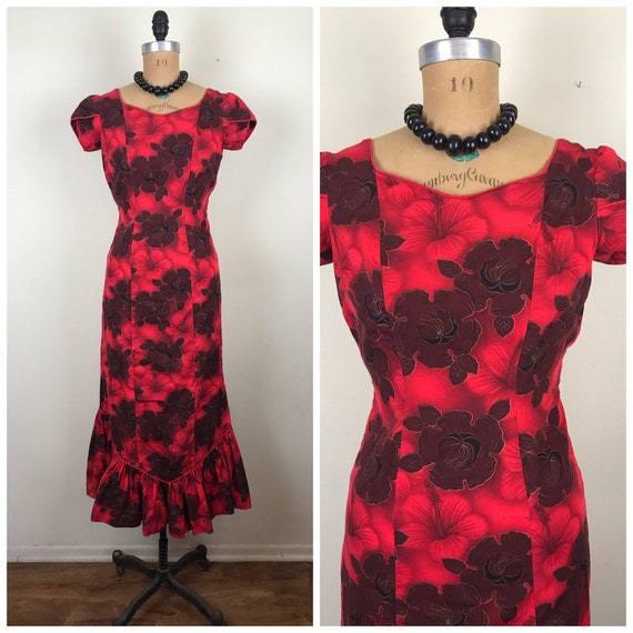 Vintage 1960s 60s 1950s 50s Red Hawaiian Dress wi… - image 1