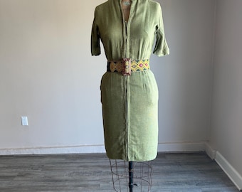 Vintage 1960s 60s Olive green cotton linen zip front dress by Fred Rothschild