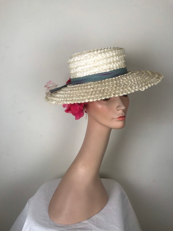 Vintage 1960s 60s Wide Brimmed White Raffia sun h… - image 6