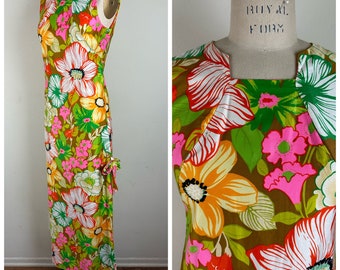 Vintage 1960s 60s 1970s 70s Psychedelic floral print maxi dress by At home Van Raalte