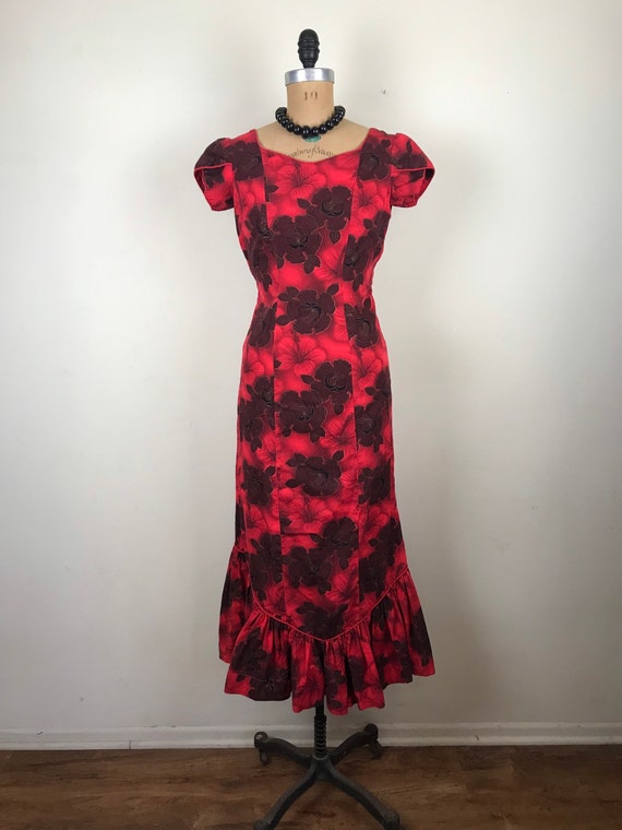 Vintage 1960s 60s 1950s 50s Red Hawaiian Dress wi… - image 7