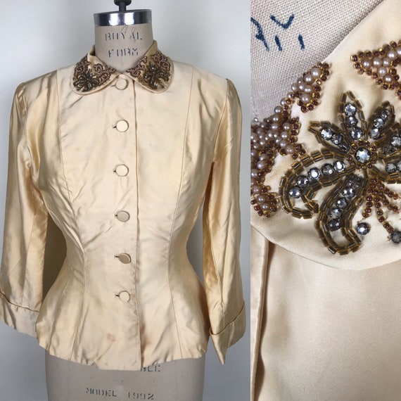 Vintage 1950s 50s Beaded Satin blouse Gem