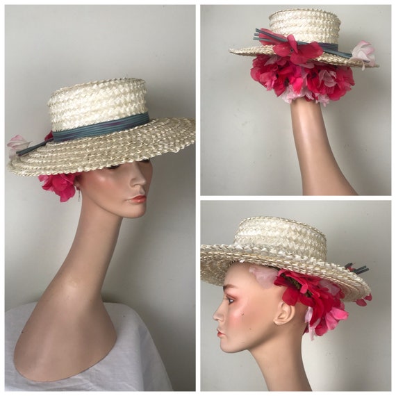 Vintage 1960s 60s Wide Brimmed White Raffia sun h… - image 1