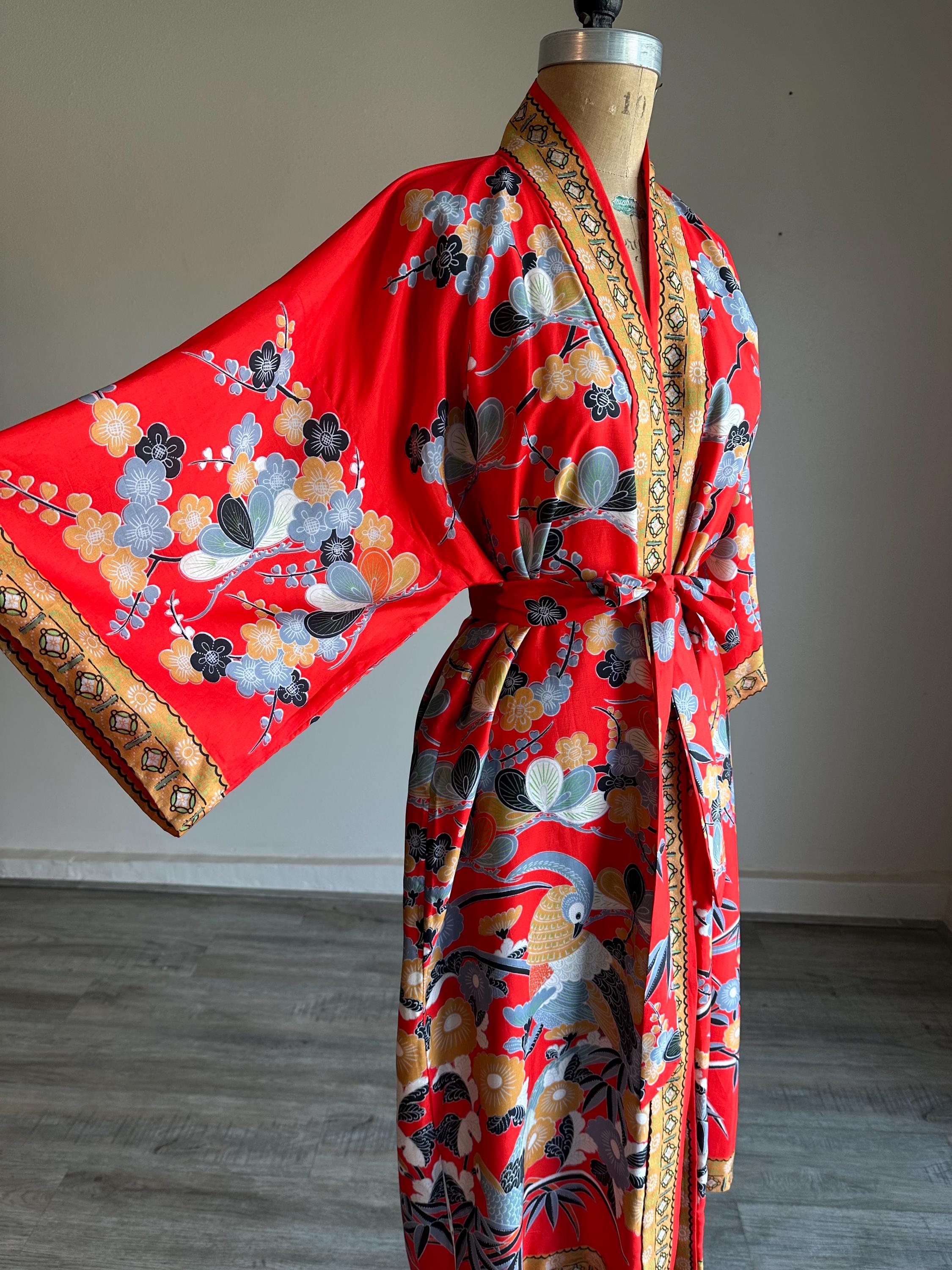 Vintage 1950s 50s 1960s 60s Silk Robe With Pheasants and Cherry ...