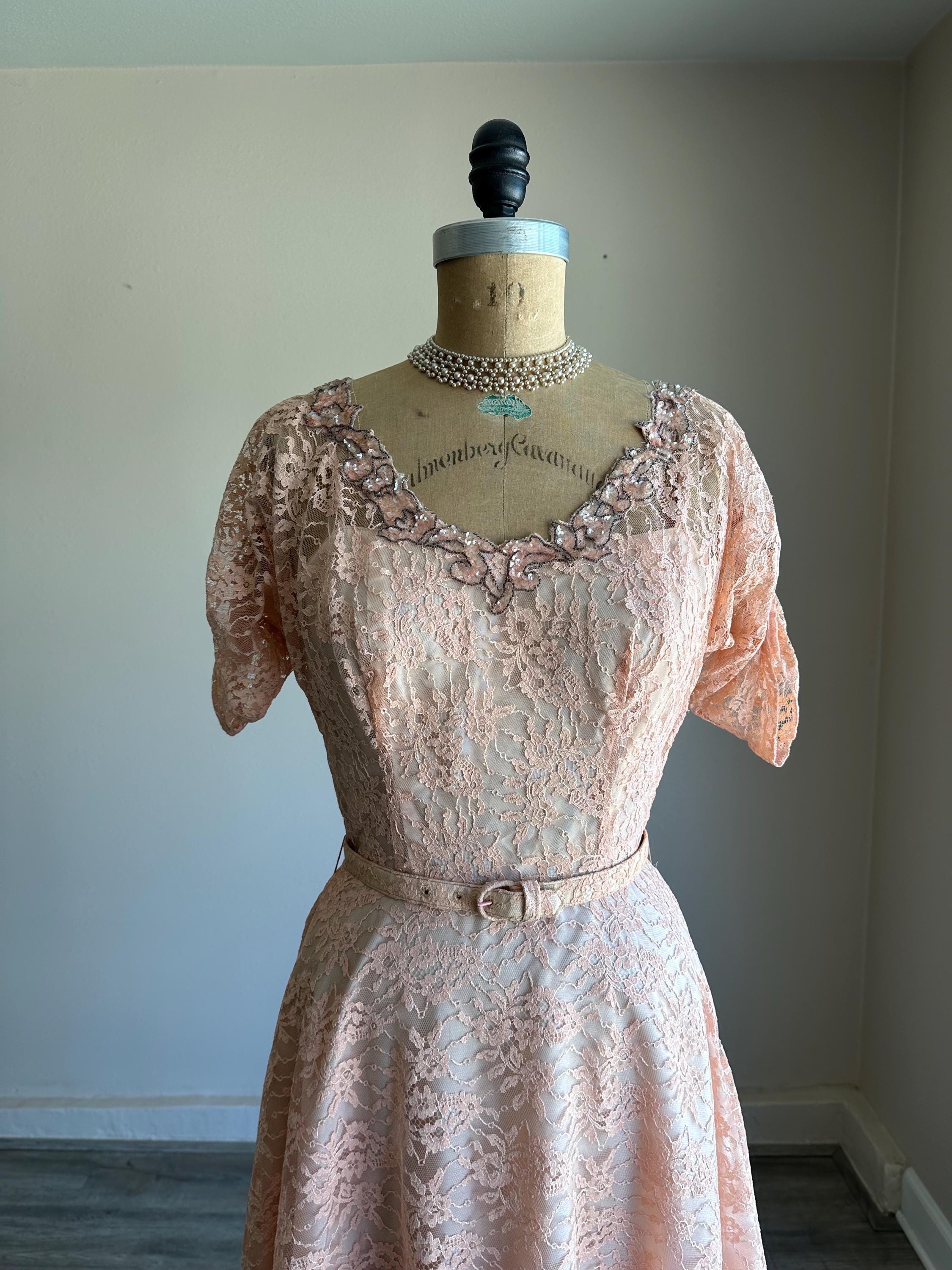 blush pink vintage dress Vintage 1950's 50's Blush Pink Ballerina Pink Lace Dress With a Beaded and Sequined Neckline