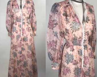 1970s 70s Floral cotton voile maxi long dress