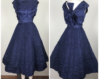 Vintage 1950s 50s Ruched Draped Navy Blue Taffeta Skirt and top set